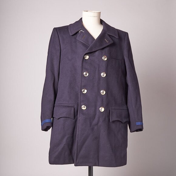 1960s Wool Uniform Pea Coat Gold Buttons and Blue Stripe Sleeve - Picture 1 of 13
